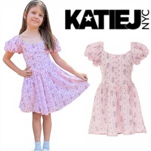 KATIEJ NYC Dress Girls Floral Pink Purple Puff Sleeve Button Front XL 13/14Y